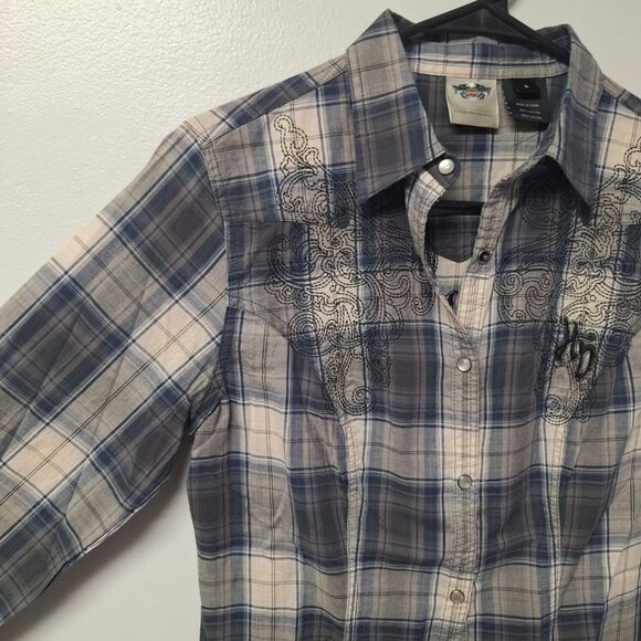 Harley Davidson Plaid Snap Up Down Fringe Embroidered Mens Small Motorcycle Club - Picture 2 of 11